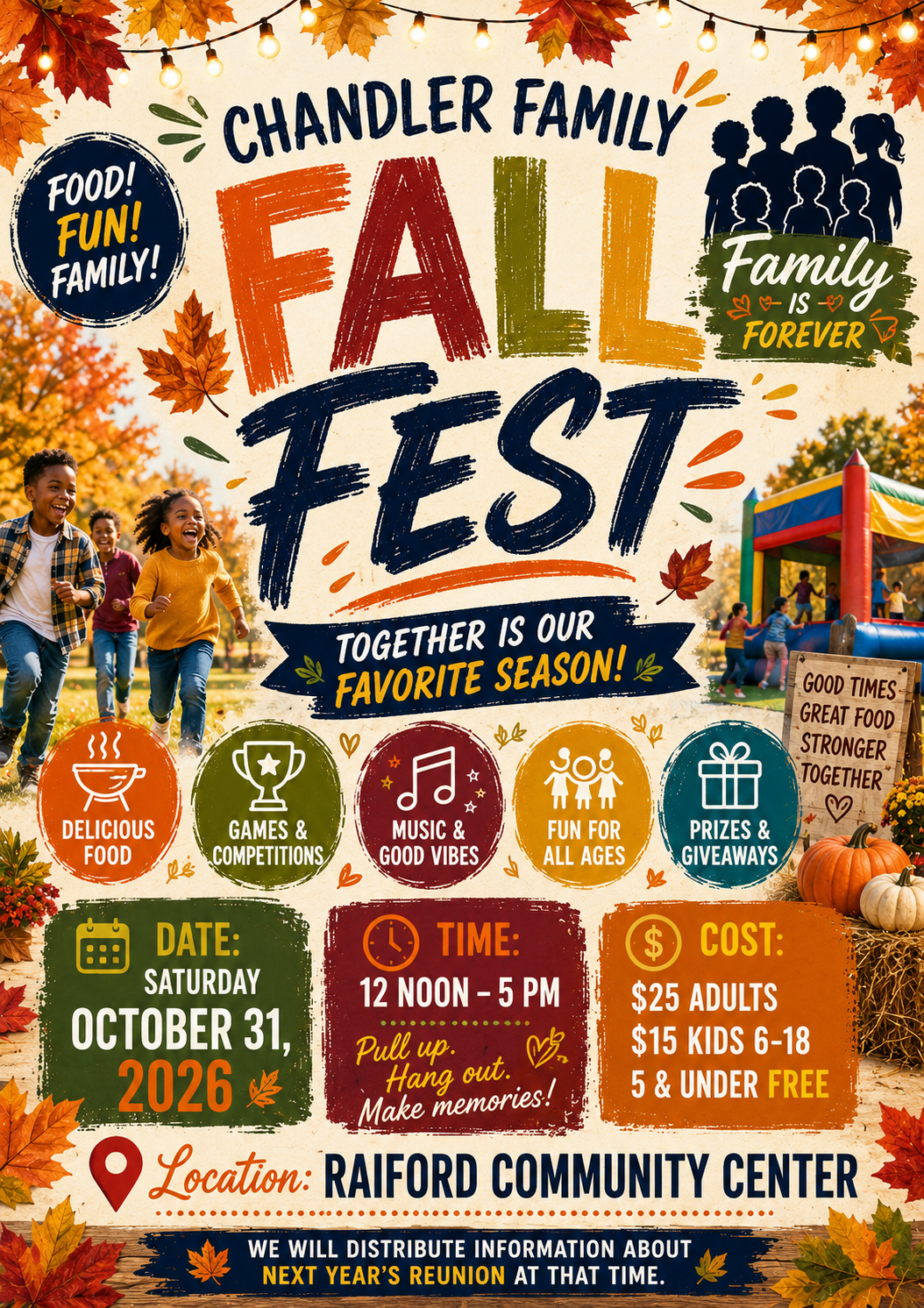 Chandler Family Fall Fest flyer — Saturday October 31, 2026, 12 noon to 5 PM, Raiford Community Center